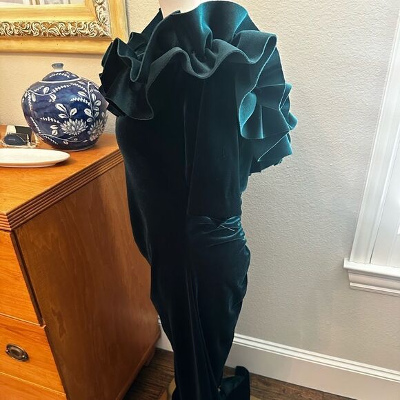 Xscape "TIFFANY" LONG VELVET 3/4 SLEEVE RUFFLE TOP DRESS - Picture 5 of 6